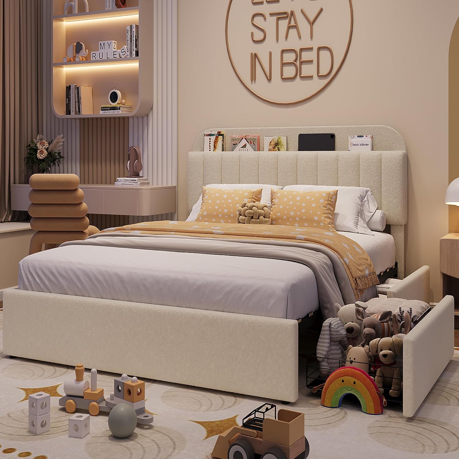 Garvee Full Size Bed Frame with 2 Flexible Drawers, Boucle Upholstered Platform Bed Frame with Bookcase Headboard, Bedframe for Kids/Girls, Easy Assembly, No Box Spring Needed, Noise Free, Beige