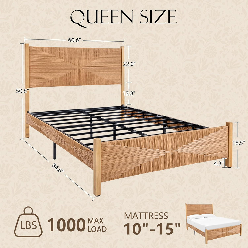 Yechen Solid Wood Rattan Queen Bed Frame with Tall Headboard and Footboard, Mid Century Modern Hand-Woven Rattan Bedframe with Vintage Pattern, Boho Wooden Bed with Metal Slats, No Box Spring Needed