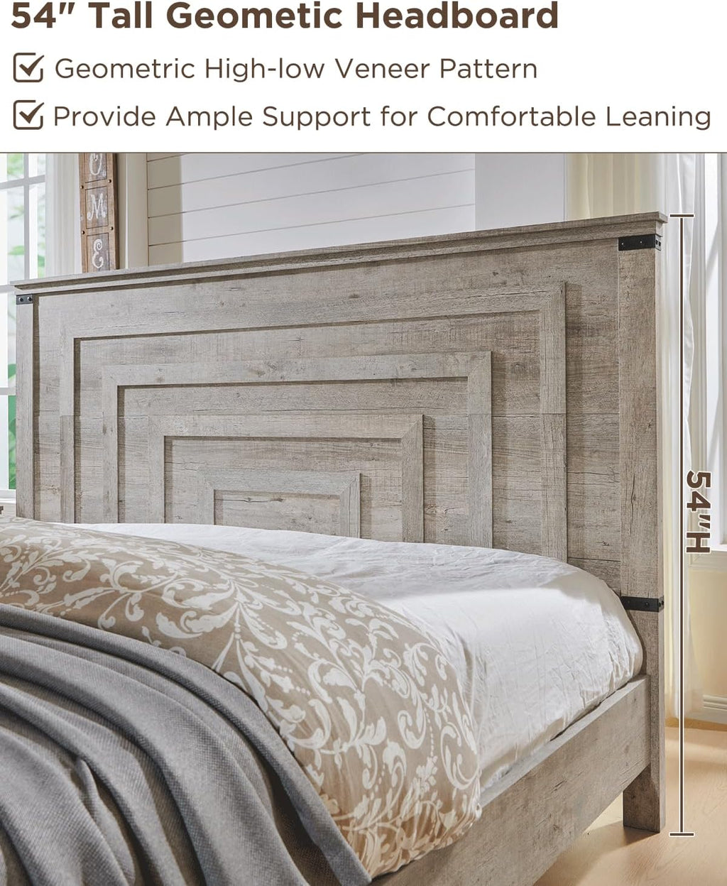 T4TREAM Farmhouse Queen Size Bed Frame with 54" Tall Geometric Headboard & 2 Large Storage Drawers, Rustic Wood Platform Bed with Wood Slats Support, No Box Spring Needed, Light Rustic Oak