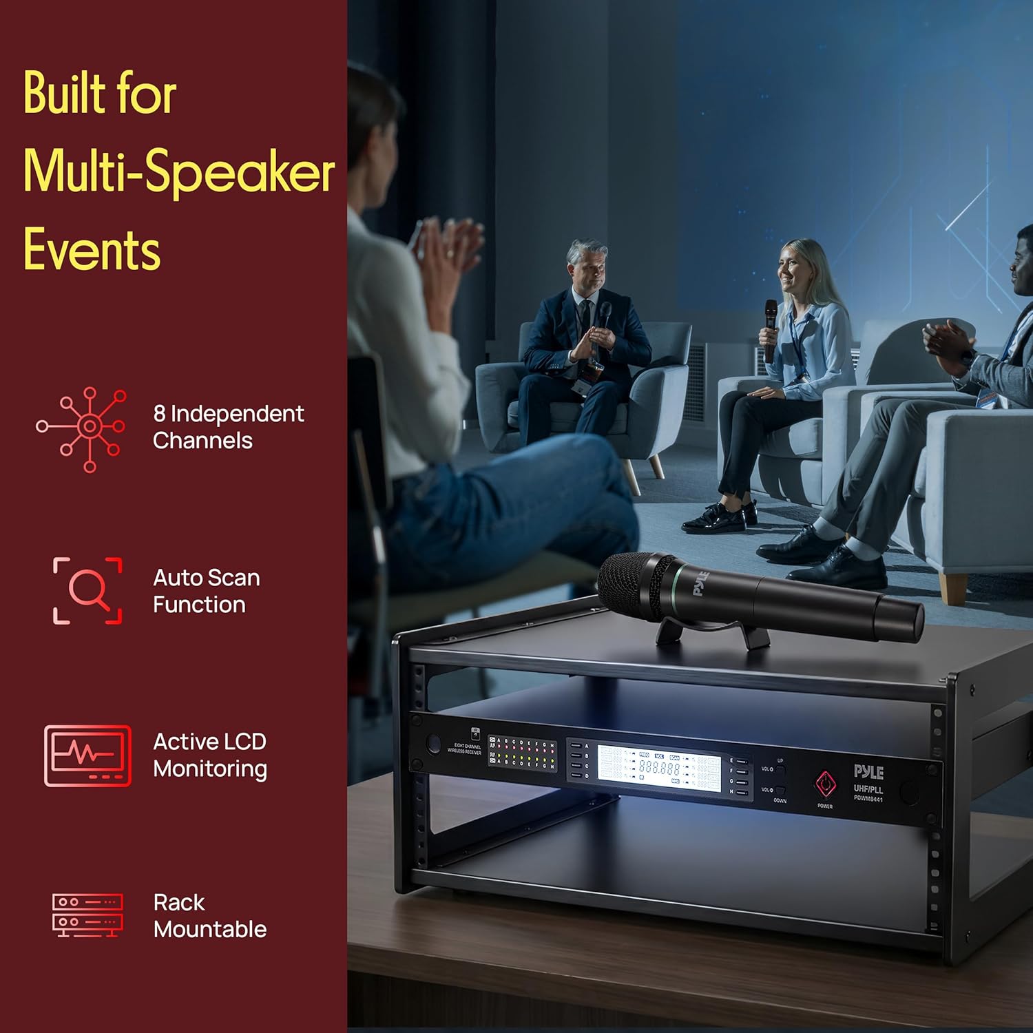 Pyle 8 Channel UHF Wireless Microphone System with 4 Handheld, 4 Lavalier & 4 Headset Microphones, 300 Ft Range & Rack Mount Receiver for Church, Conferences & Live Events