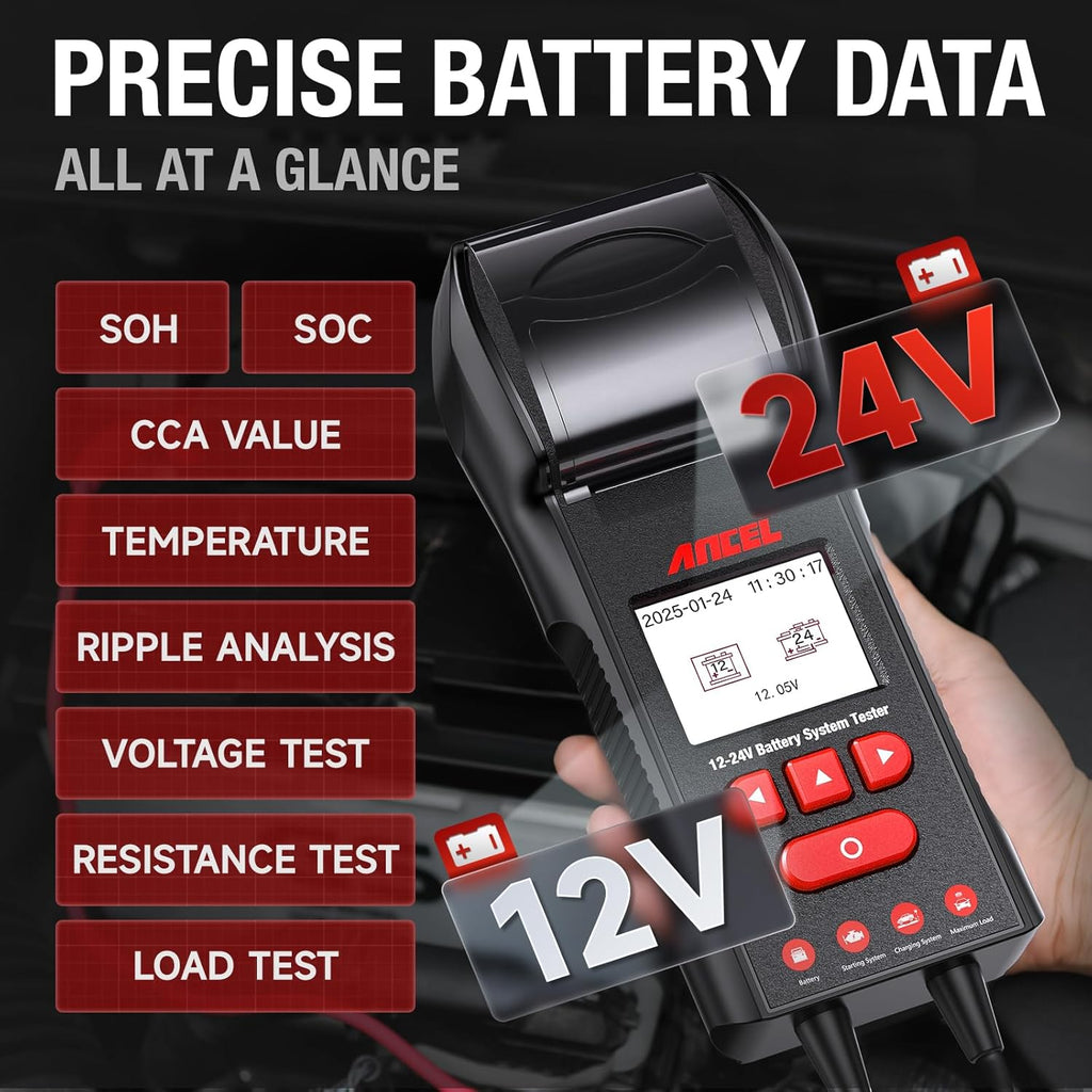 ANCEL BST600 Battery Tester with Printer, 12V 24V 100-2000 CCA Load Tester, Cranking Charging System Test for Cars, Heavy Duty Trucks, Marine, RV, SUV, Motorcycle
