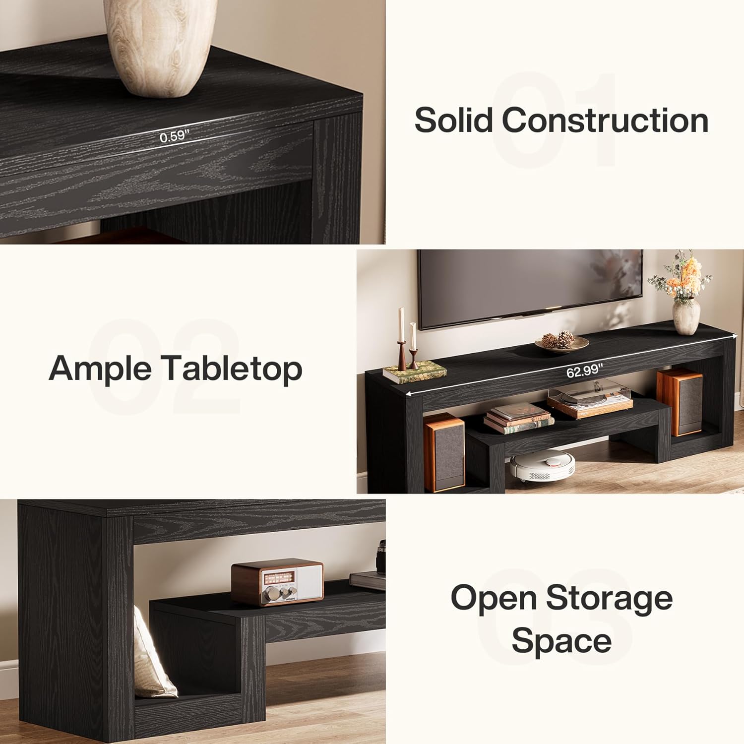 Tribesigns 63" TV Stand for 55/60/65/75-Inch TVs, Farmhouse Entertainment Center with Open Storage Shelves, Television Stands TV Console for Living Room, Bedroom, Black