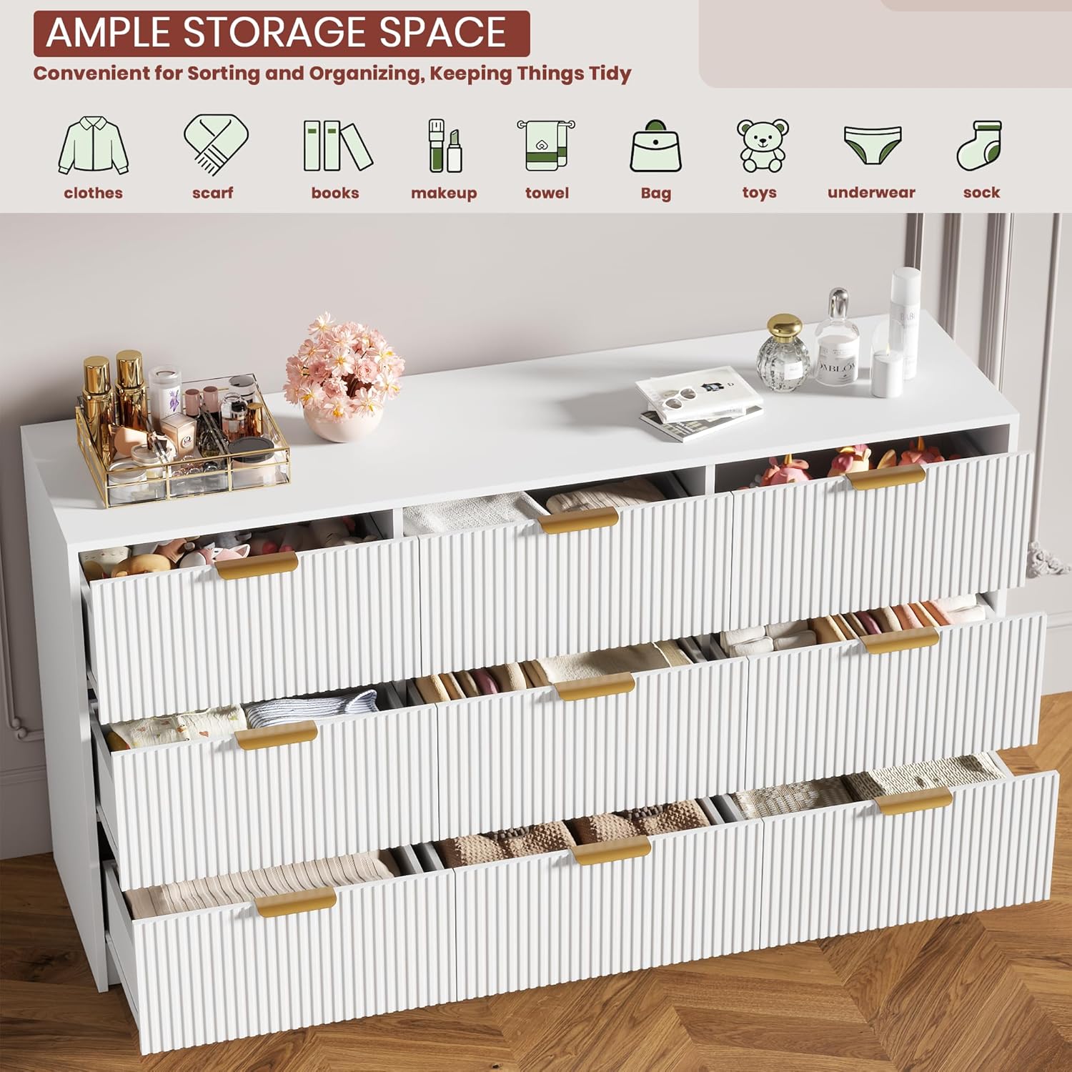 Garvee 9 Drawers Dresser for Bedroom - 59" Wide Modern Fluted Chest of Drawers with Golden Metal Handles, Large TV Stand Multi-Function Home Organizer for Living Room, Entryway, Hallway, White