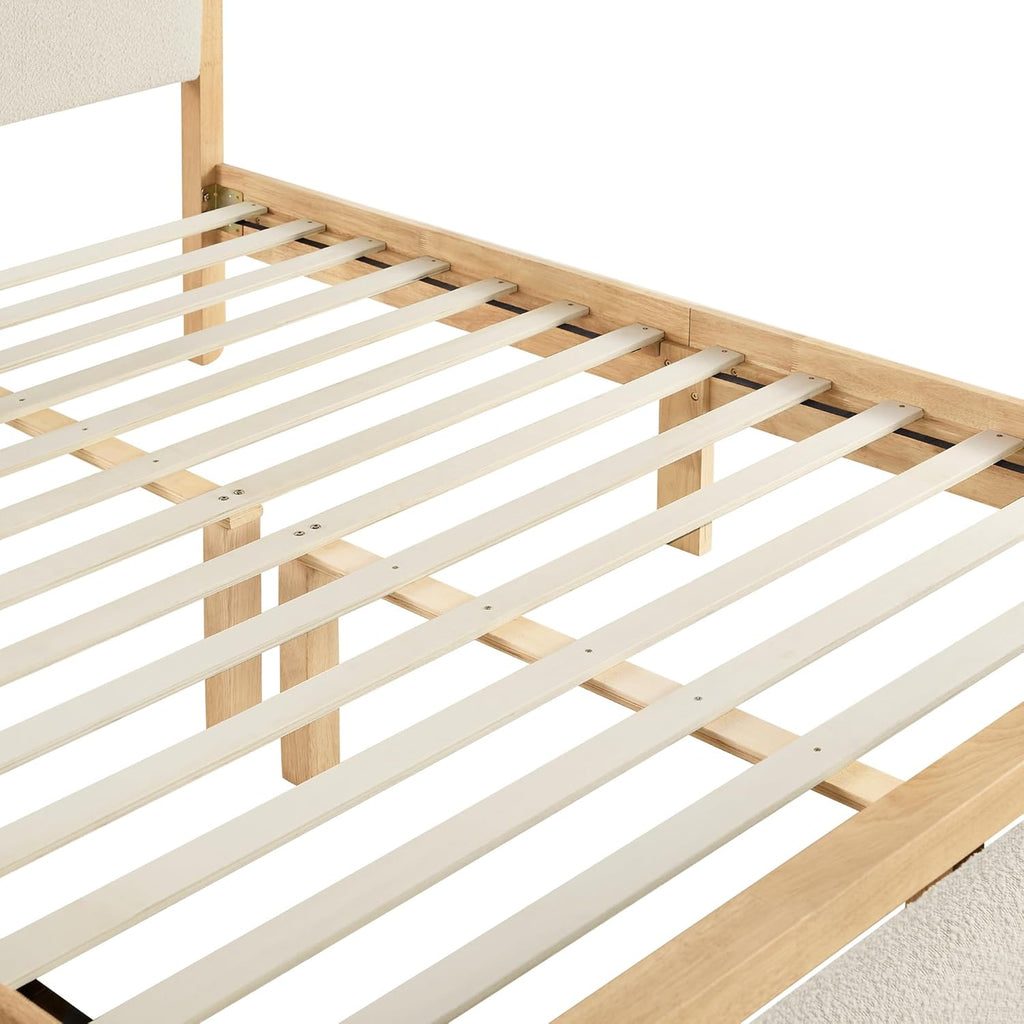 KISLOT 3 Pieces Bedroom Set, Wood Bed Frame with Upholstered Headboard & 2 Nightstands with Storage, Wooden Platform Mattress Foundation Farmhouse Bedroom Furniture Set