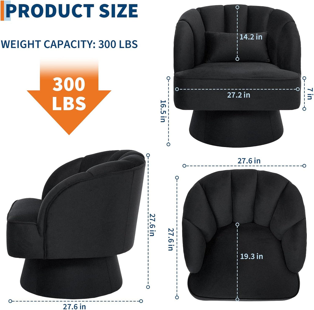 Garvee Ultra-Plush Swivel Accent Chair, 360° Barrel Lounge Chair with Cloud-Like Padding & Modern Striped Backrest, Velvet Upholstered Round Armchair for Living, Bedroom Reading Nook - Black