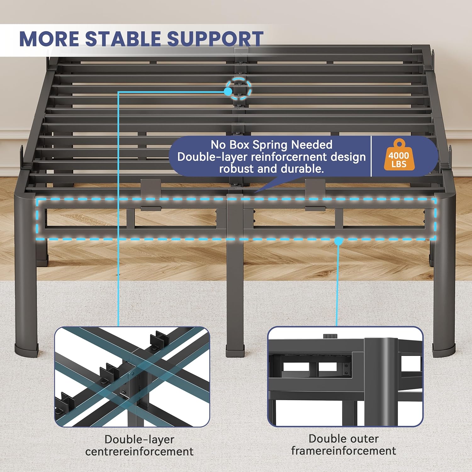 Bed Frame King Size 24 Inch Tall, Double Layer Heavy Duty Metal Bed Frames 4000 lbs Capacity, Platform Bedframes with Headboard Holes, Round Corner Legs, Mattress Slide Stopper, Easy Assembly