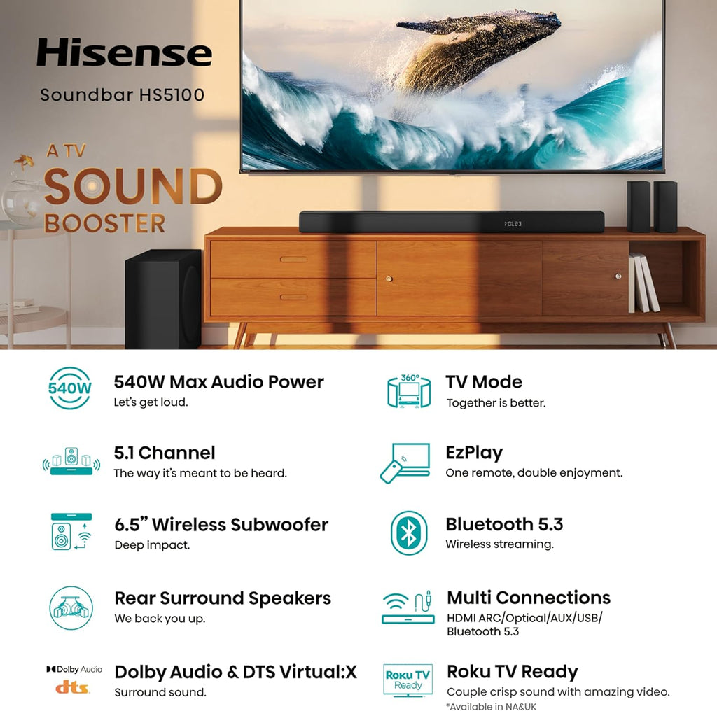 Hisense HS5100 5.1Ch Sound Bar with Wireless Subwoofer, 540W, Dolby Digital Plus, Bluetooth 5.3, EzPlay, Roku TV Ready, DTS: X, HDMI/AUX/ARC/Optical/USB