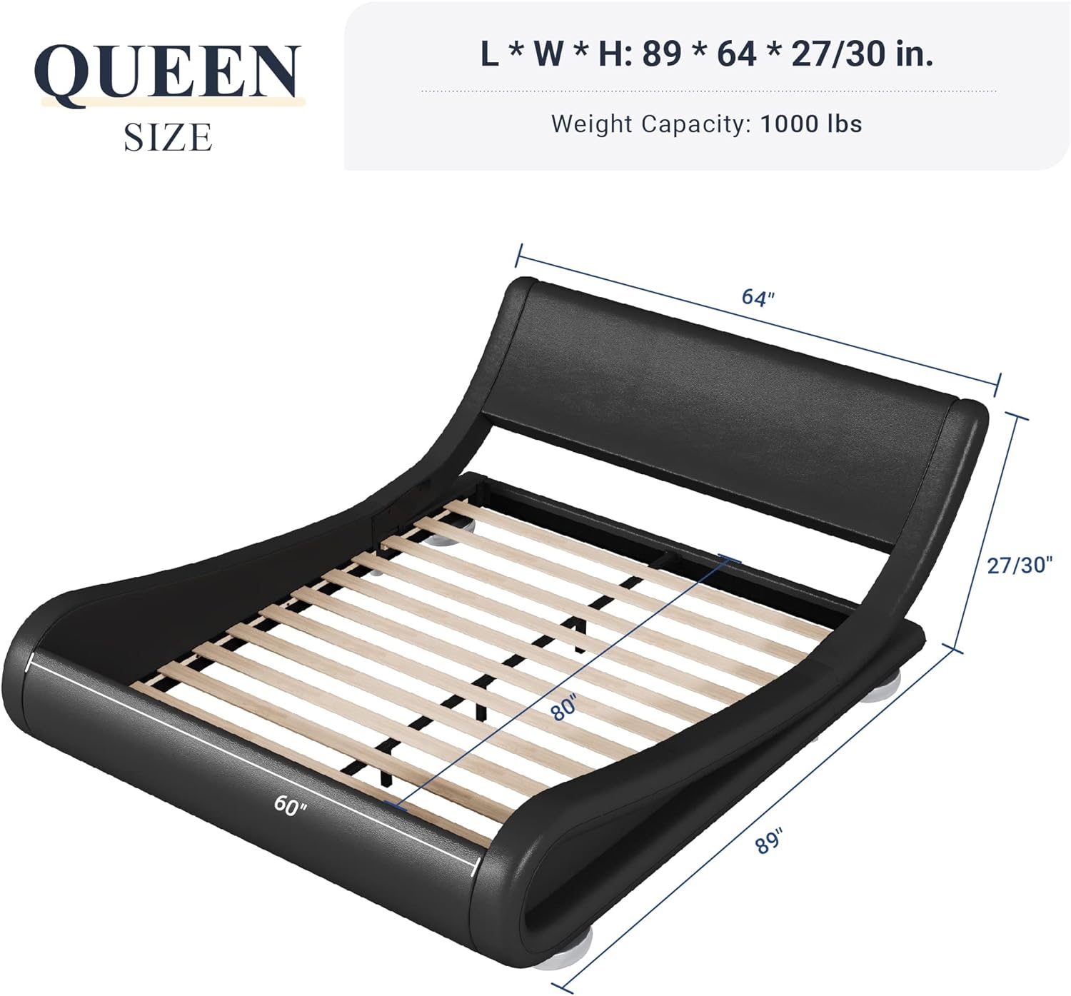 Allewie Queen Size Bed Frame with Ergonomic & Adjustable Headboard, Low Profile Modern Upholstered Platform Sleigh Design - Easy Assembly, No Box Spring Required, Black