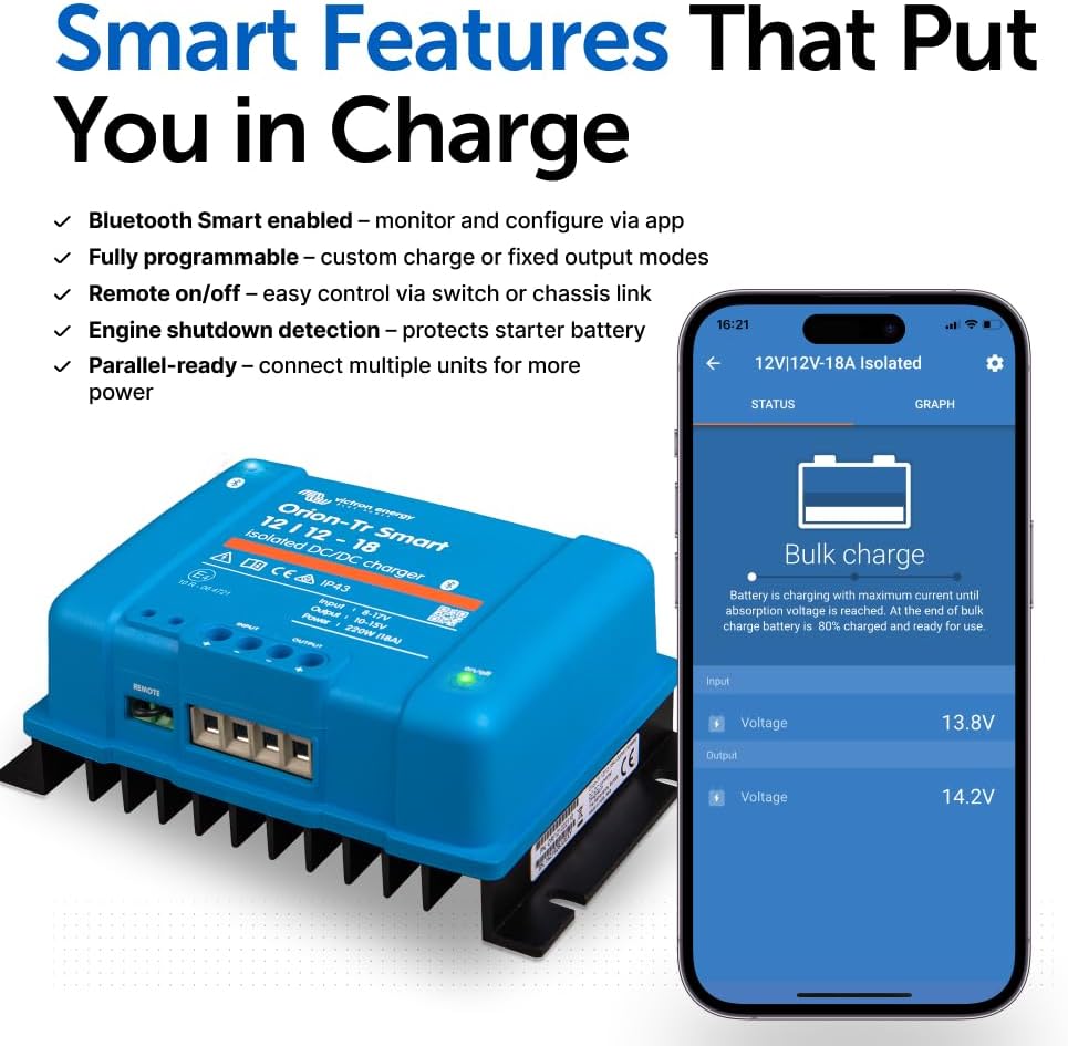 Victron Energy Orion-Tr Smart DC to DC Charger (Bluetooth) - 12/12-Volt 18 amp 220-Watt - Battery Charger for Dual Battery Systems - Isolated