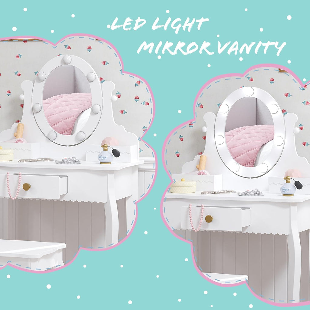 Spirich Kids Vanity, Girls Vanity Set with Mirror and Stool and Lights, Kids Vanity Table and Chair Set,Wooden Princess Makeup Desk Dressing Table