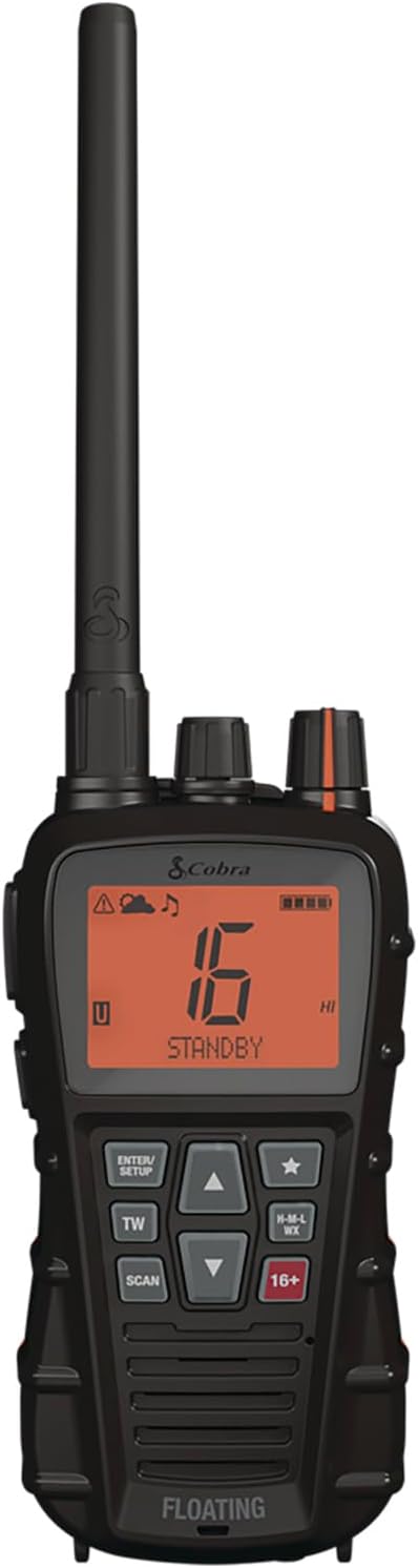 Cobra BlueBound 350 VHF Handheld Marine Radio – Black – 6-Watt, Floating, Long Range, NOAA Weather Alerts, International Functionality, IPX7 Waterproof, USB-C, Submersible, LCD Screen, Belt Clip