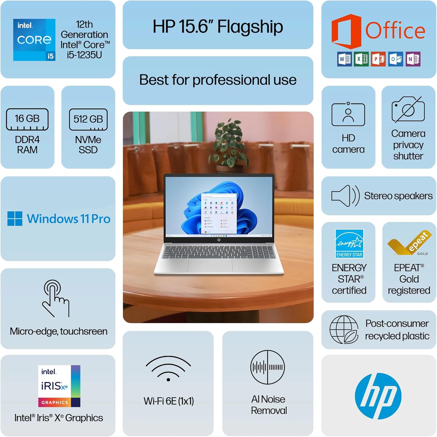 HP 15.6" Touchscreen Pavilion Laptop Computer, 16GB RAM, 1TB Storage (500GB SSD + 500GB Ext), 10-Core Intel i5 Processor, Wi-Fi 6E, Windows 11 Pro with Lifetime Microsoft Office, MarxsolAccessory