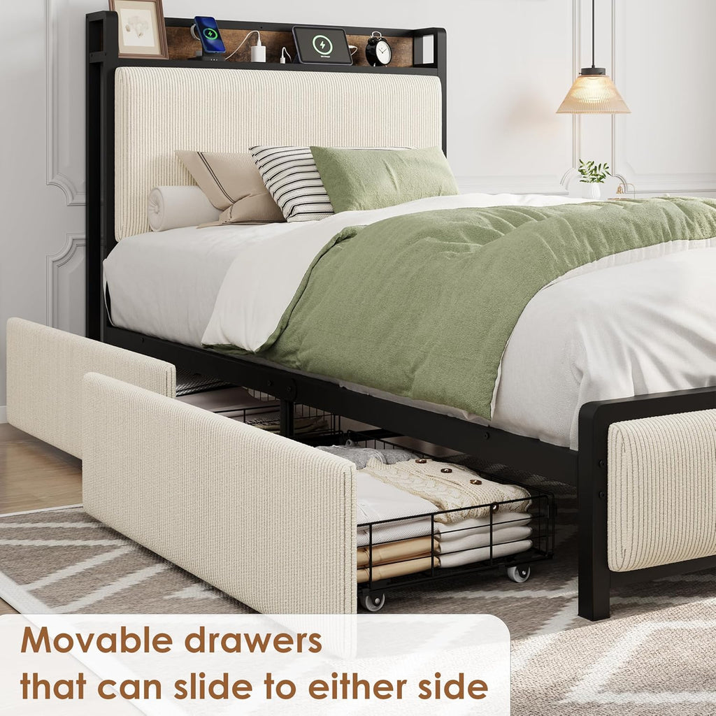 Twin Size Bed Frame with 2 Storage Drawers and Charging Station, Rustic Linen Upholstered Platform Bedframe with Storage Headboard, Heavy Duty, No Box Spring Needed, Easy Assembly, Noise Free, Beige