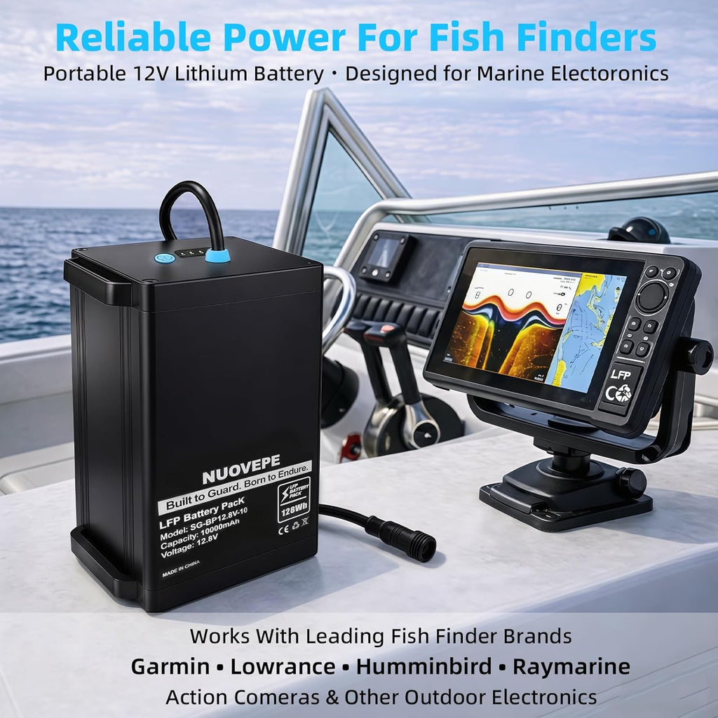 12V Portable Lithium Battery Kit with 4-in-1 Charging Cable, Waterproof Kayak Battery for Marine, Fishing, Kayak, Compatible with Fish Finder, GPS, Phone, Action Camera and Outdoor Devices