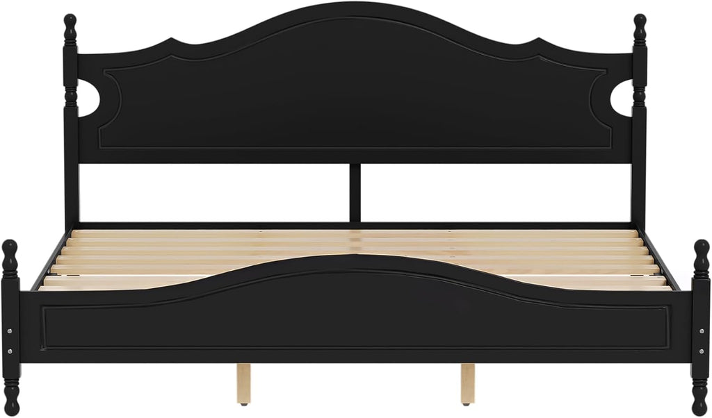 Merax Retro Wood Platform Bed with High Headboard, King Bed Frame with Sturdy Legs/No Box Spring Needed/Easy Assemble Black