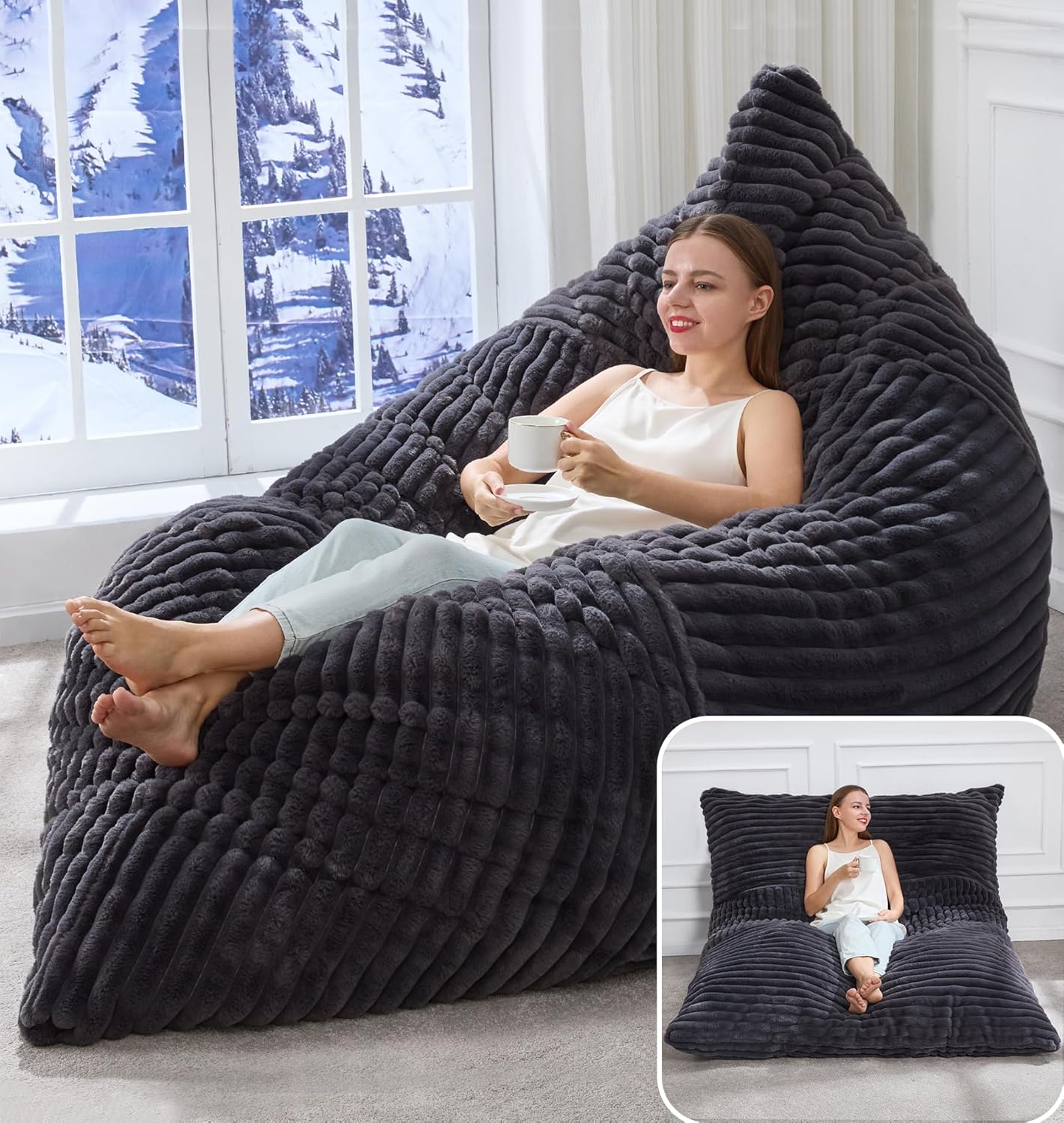 Hobestluk 3 in 1 Bean Bag Chair Giant Bean Bag Chairs Convertible Bean Bag Floor Cushion with Machine Washable Cover, Beanbag Chairs for Adult (Dark Grey)