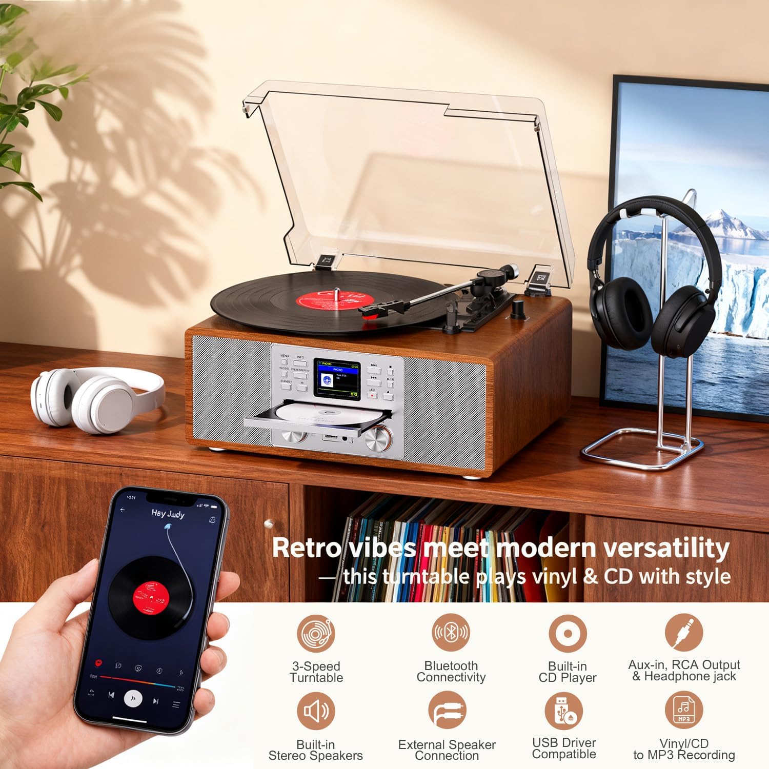 10-in-1 Retro Bluetooth Record Player with Built-in Stereo Speakers | All-in-One 3-Speed Turntable for Vinyl, CD, MP3, USB/SD, Internet Radio | MP3 Recording | Vintage Multimedia Center