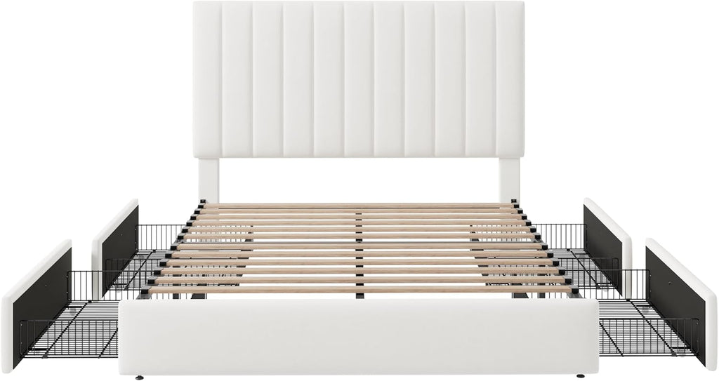 Allewie Full Size Storage Bed Frame, Vertical Channel Tufted Adjustable Headboard, Velvet Upholstered Platform Bed with 4 Oversized Underbed Drawers, Wooden Slats Support, No Box Spring Needed, White