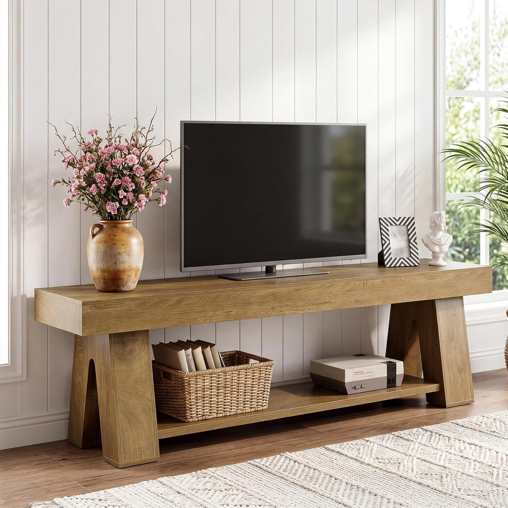 Tribesigns Wooden TV Stand for TVs up to 65'', Natural Brown Modern Entertainment Center with Lower Open Shelf, 63" Farmhouse TV Media Console for Living Room, Bedroom or Home Office