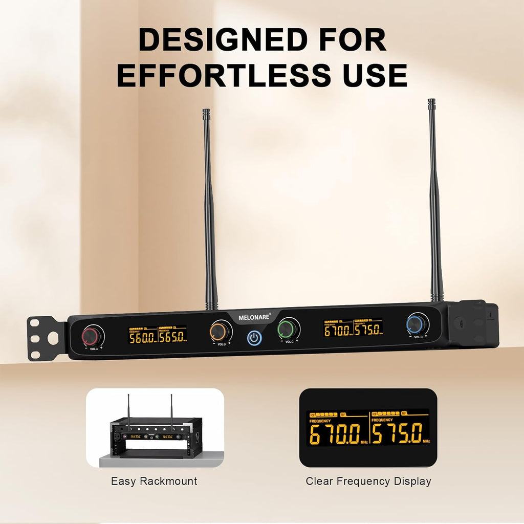 MELONARE 4-Channel Wireless Microphone System, UHF Rackmountable Cordless Mic Set w/ 4X 10 Frequencies, 260ft Range, Dynamic Handheld Microphone for Singing, Karaoke, Church, DJ, Party (MWM-41F)