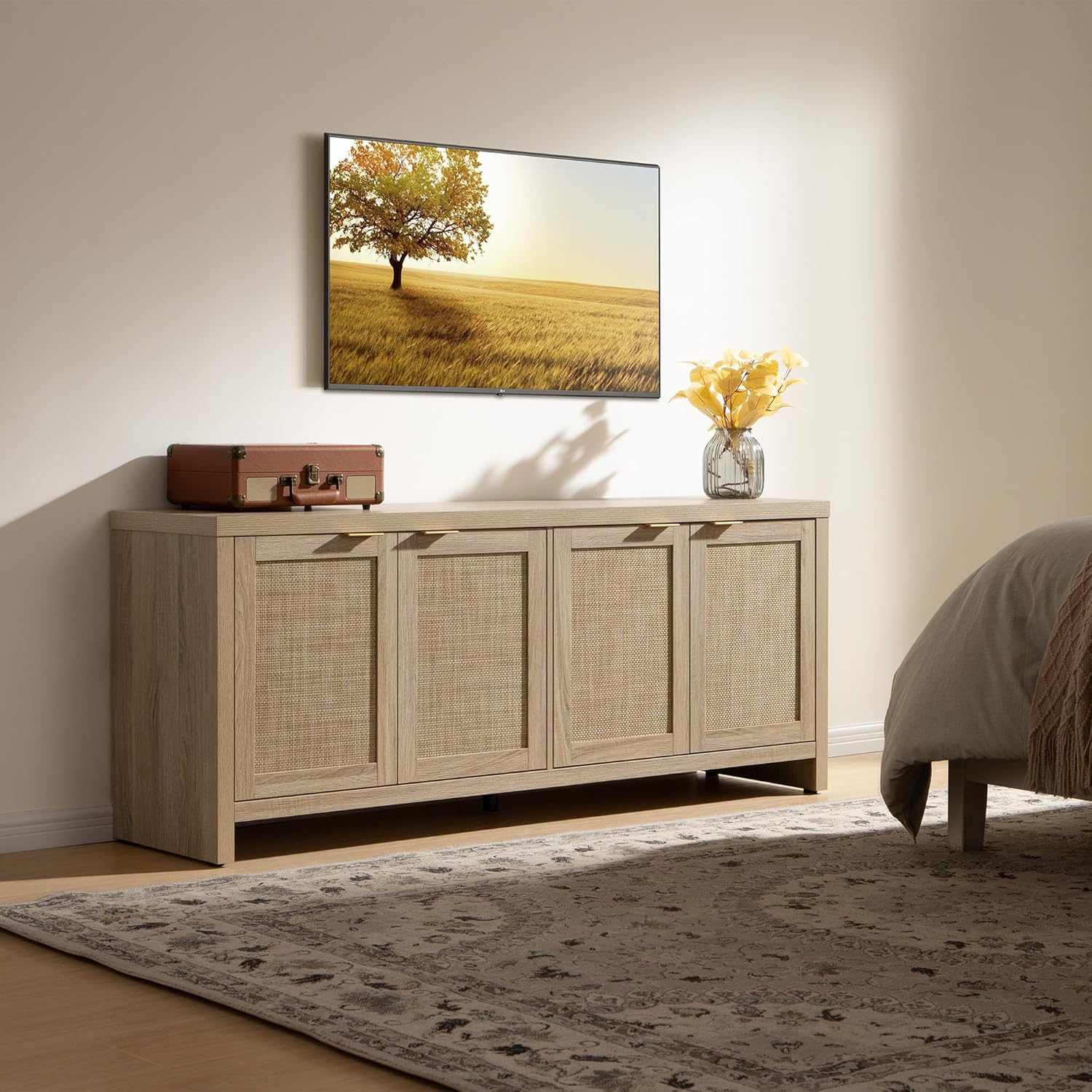 SICOTAS TV Stand for Living Room Boho Entertainment Center for Bedroom with 4 Rattan Cabinets Farmhouse Television Stands with Storage Large Media Console Table for TVs up to 65 Inch