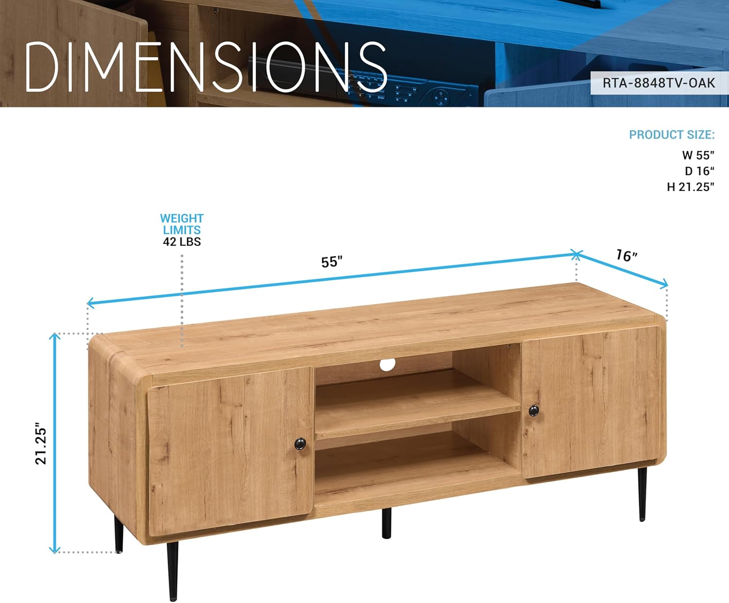 Techni Mobili Mid-Century Modern TV Stand with Storage Cabinets, Wooden Entertainment Center with Cable Management for Living Room, Fits TVs up to 60”
