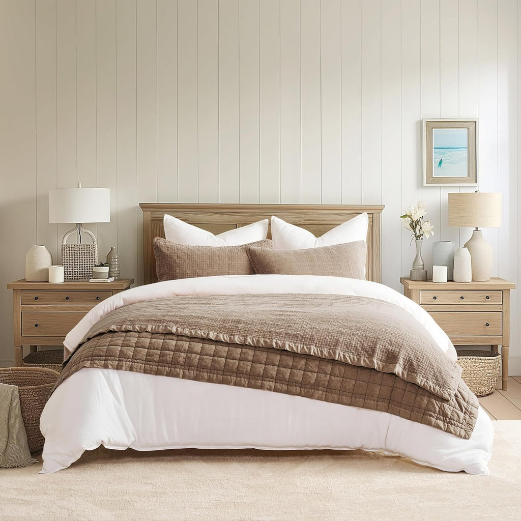 EVERGRACEHOME Stonewashed Cotton Quilt Set King Size, Ultra Soft Oversized Bedspread Coverlet Set, Lightweight Crinkle Box Stitch Bedding Sets for All Season, with 2 Shams, Mocha Brown