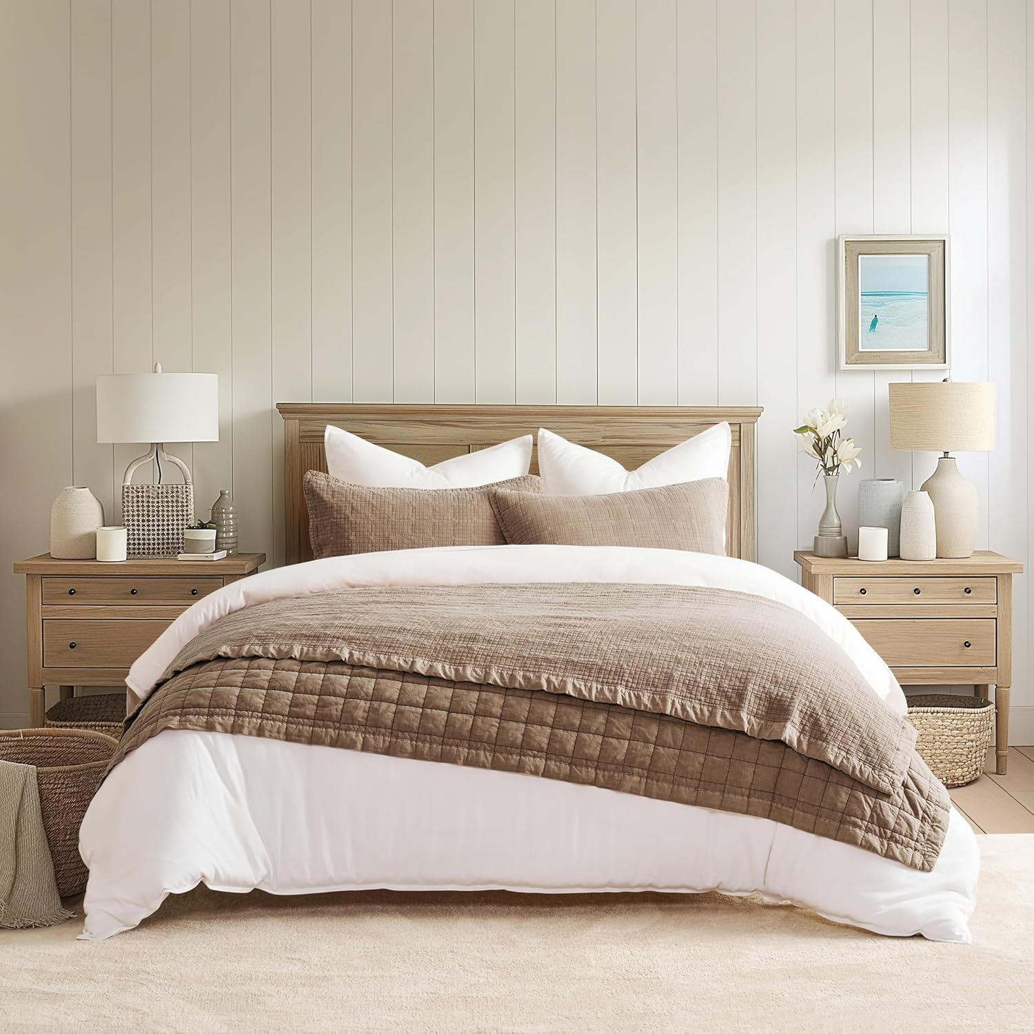 EVERGRACEHOME Stonewashed Cotton Quilt Set King Size, Ultra Soft Oversized Bedspread Coverlet Set, Lightweight Crinkle Box Stitch Bedding Sets for All Season, with 2 Shams, Mocha Brown
