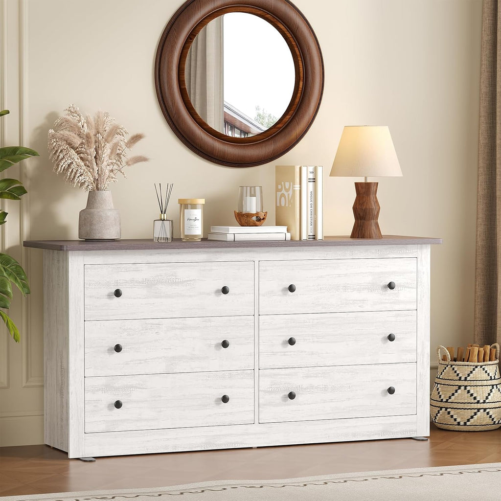 DUMOS Home Storage for Living Room, Wood Cabinet with 6 Drawers, 59" Wide TV Stand with Metal Handles, Storage Organizer for Bedroom, Entryway and Home Office, Wood