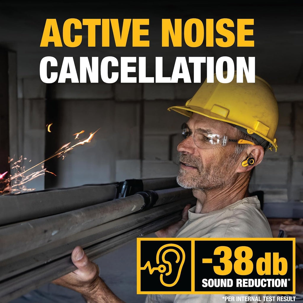 DEWALT Jobsite Pro X2 True Wireless Work Earbuds — ANC Active Noise Cancelling, Glove-Friendly Dial Control, 40+ Hour Runtime, IP54 Water Resistant, 4 EQ Modes, Bluetooth