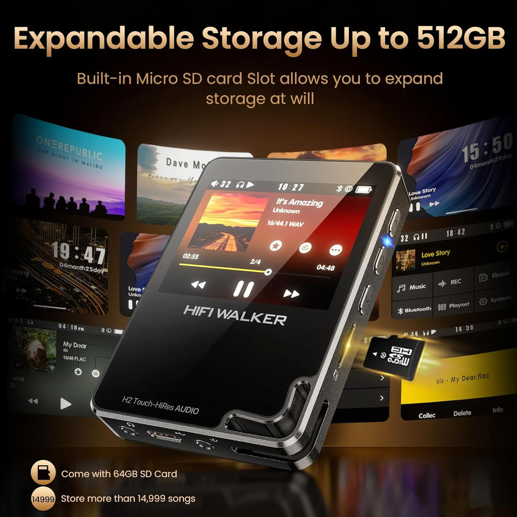 HIFI WALKER H2 Touch Hi-Res MP3 Player with Bluetooth, 2.4" HD Touchscreen, Lossless DSD FLAC Music Player, 64GB Memory Card Included, Supports up to 512GB