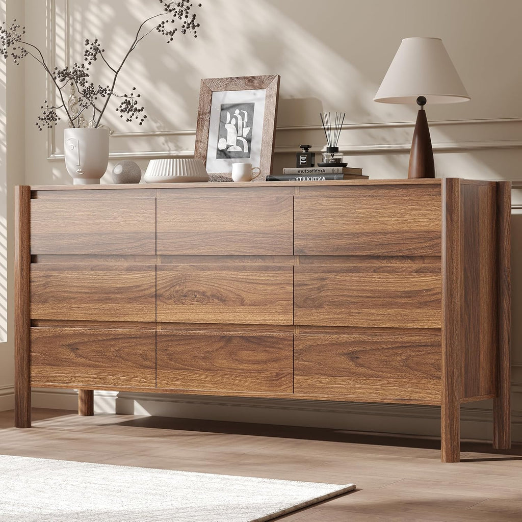 CHUWELL 3-Piece Bedroom Dresser Set-9 Drawer Dresser & 2 Nightstands,47" Wide Walnurt Dresser and Night Stands with Solid Wood Cylindrical Legs,Rustic Wooden Storage for Bedroom