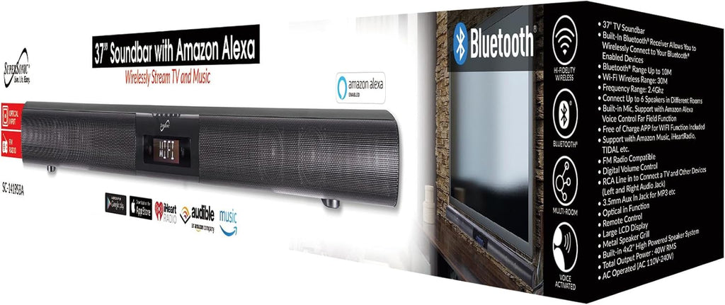Supersonic SC-1419SBA 37-inch Premium Optical Bluetooth Soundbar System with Alexa, Multi-Room Speaker Connection, RCA Line, Optical in, Free Wi-Fi App, Large LCD Display, FM Radio, 40W RMS Output