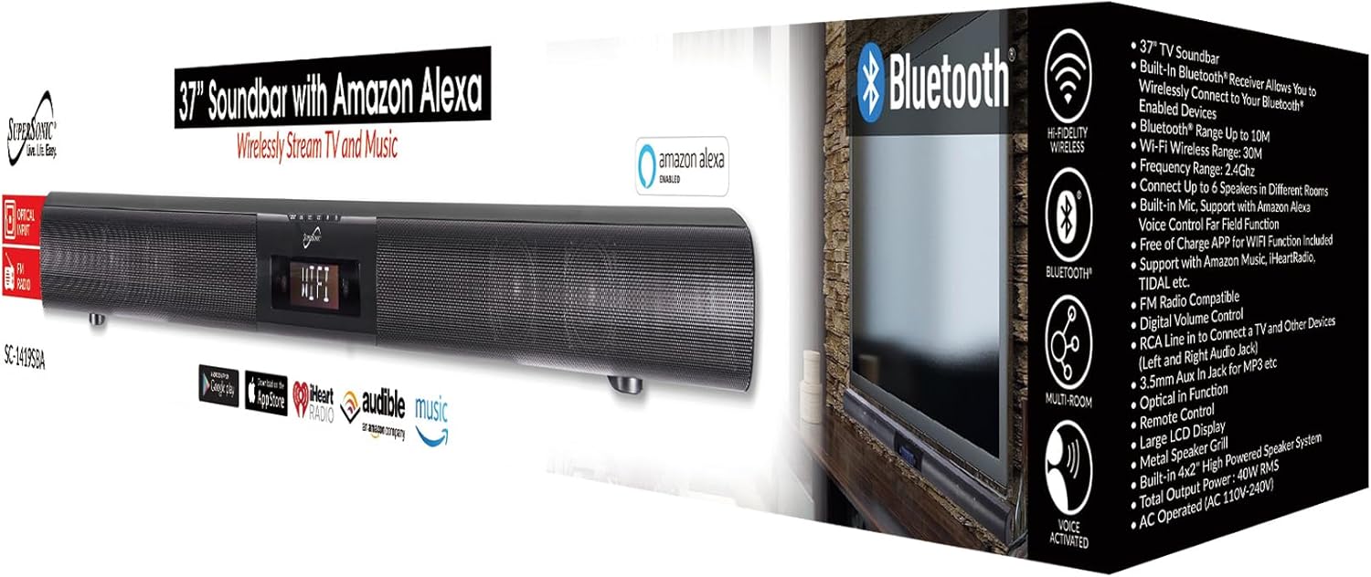 Supersonic SC-1419SBA 37-inch Premium Optical Bluetooth Soundbar System with Alexa, Multi-Room Speaker Connection, RCA Line, Optical in, Free Wi-Fi App, Large LCD Display, FM Radio, 40W RMS Output
