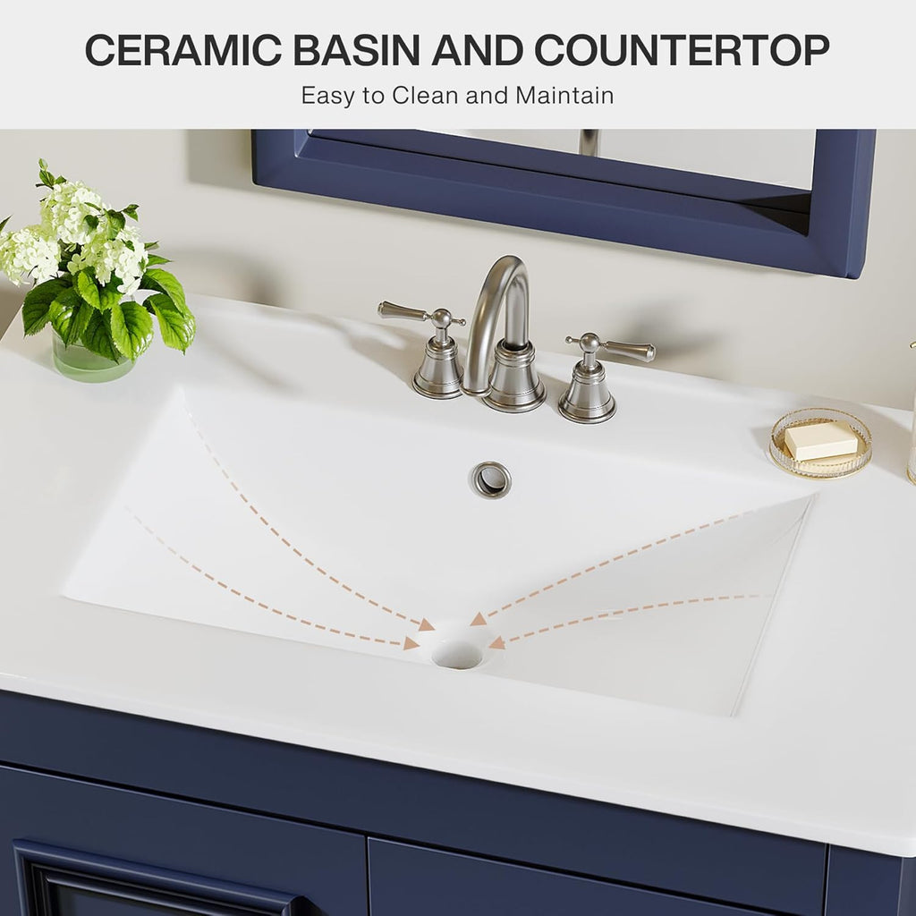 Tribesigns Modern Bathroom Vanity with Sink, Freestanding Bathroom Vanities Cabinet with Ceramic Basin Combo, Bathroom Sink Cabinet with 2 Doors and 1 Drawer, Solid Wooden Frame (Navy Blue, 30 INCH)