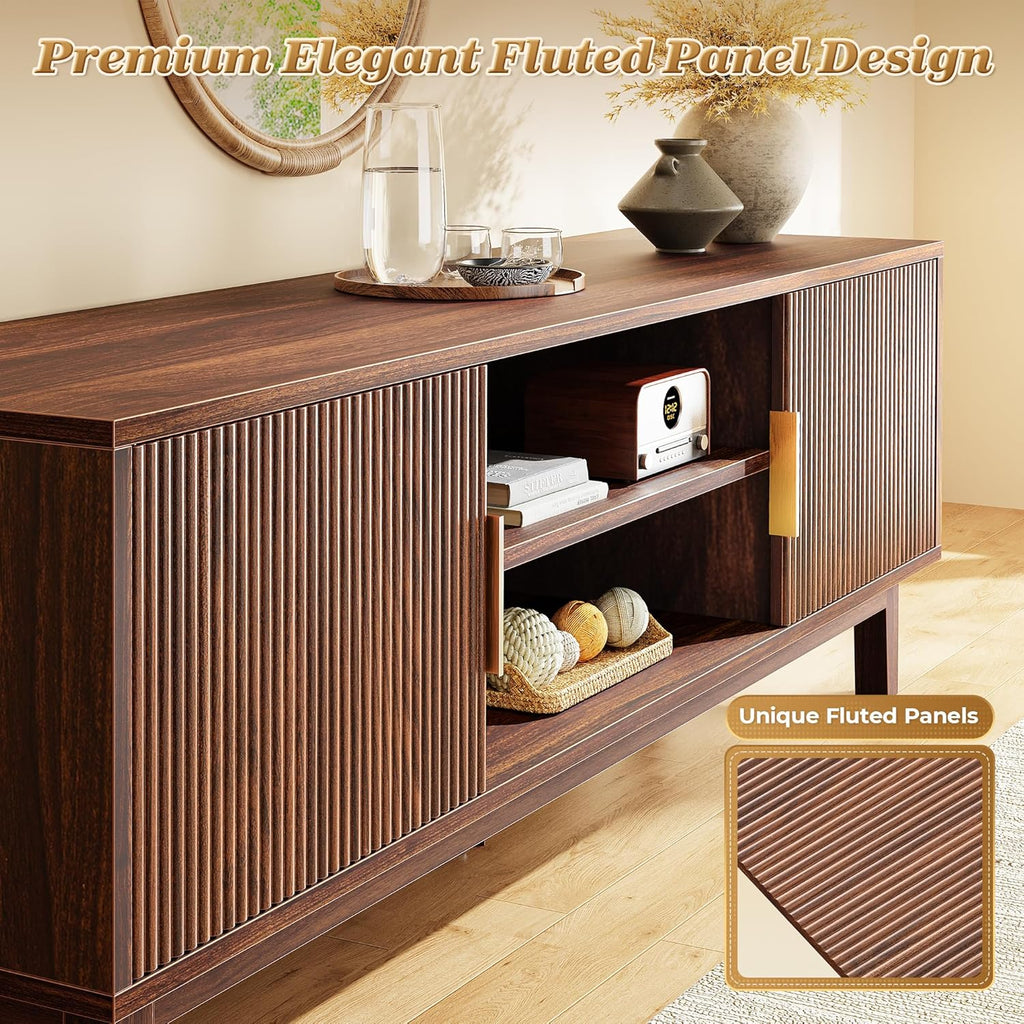 PRAISUN 54 Inch TV Stand for 50, 55 Inch TV, Fluted Entertainment Center with 2 Cabinets, TV Consoles for Living Room, 3-Level Adjustable Shelf, 4 Cable Holes, Meida Console, Walnut