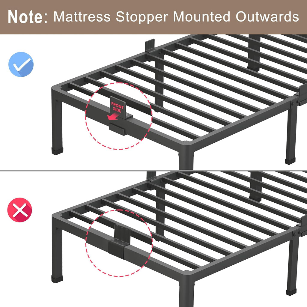 ROIL 14 Inch Full Size Bed Frame with Mattress Slide Stopper - Double Black Basic Anti Squeak Steel Slats Metal Platform, Heavy Duty Noise Free Easy Assembly Bedframes, No Box Spring Needed
