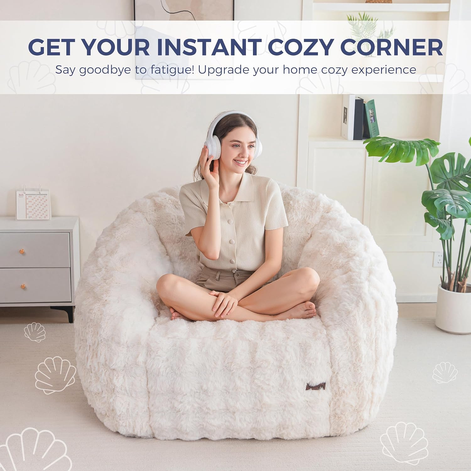 MAXYOYO Giant Bean Bag Chair for Adults, Stuffed Shell-Shaped Large Bean Bag Couch, Cozy Living Room Chair with Filler, Floor Sofa Lazy Sofa for Bedroom Living Room, Beige