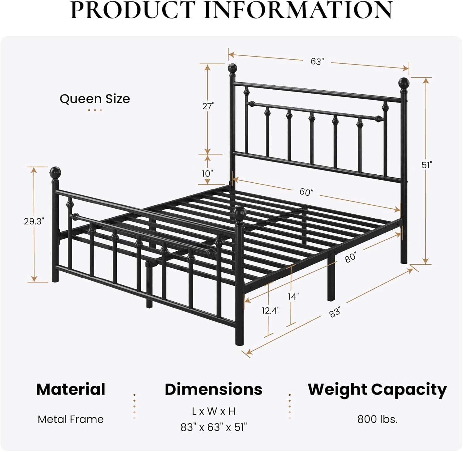 SHA CERLIN 14" Queen Size Metal Platform Bed Frame/Victorian Headboard and Footboard/Steel Slats Mattress Foundation for Storage/No Box Spring Needed/Noise Free/Black