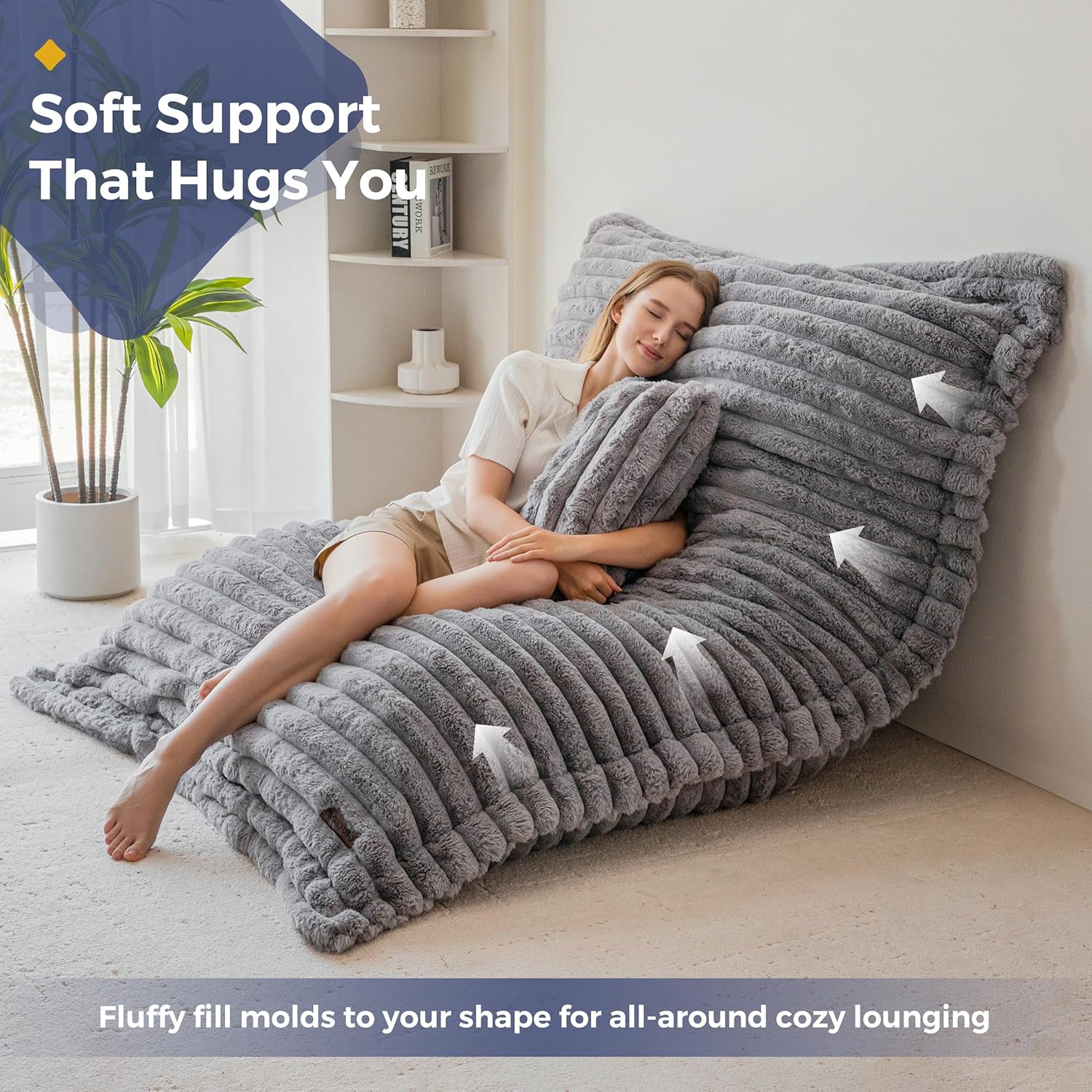 MAXYOYO Giant Bean Bag Chair with Pillow, 3 in 1 Convertible Bean Bag Chair for Adults with Washable Cover, Floor Cushion Stuffed Floor Lounger for Living Room Bedroom, Grey, Full