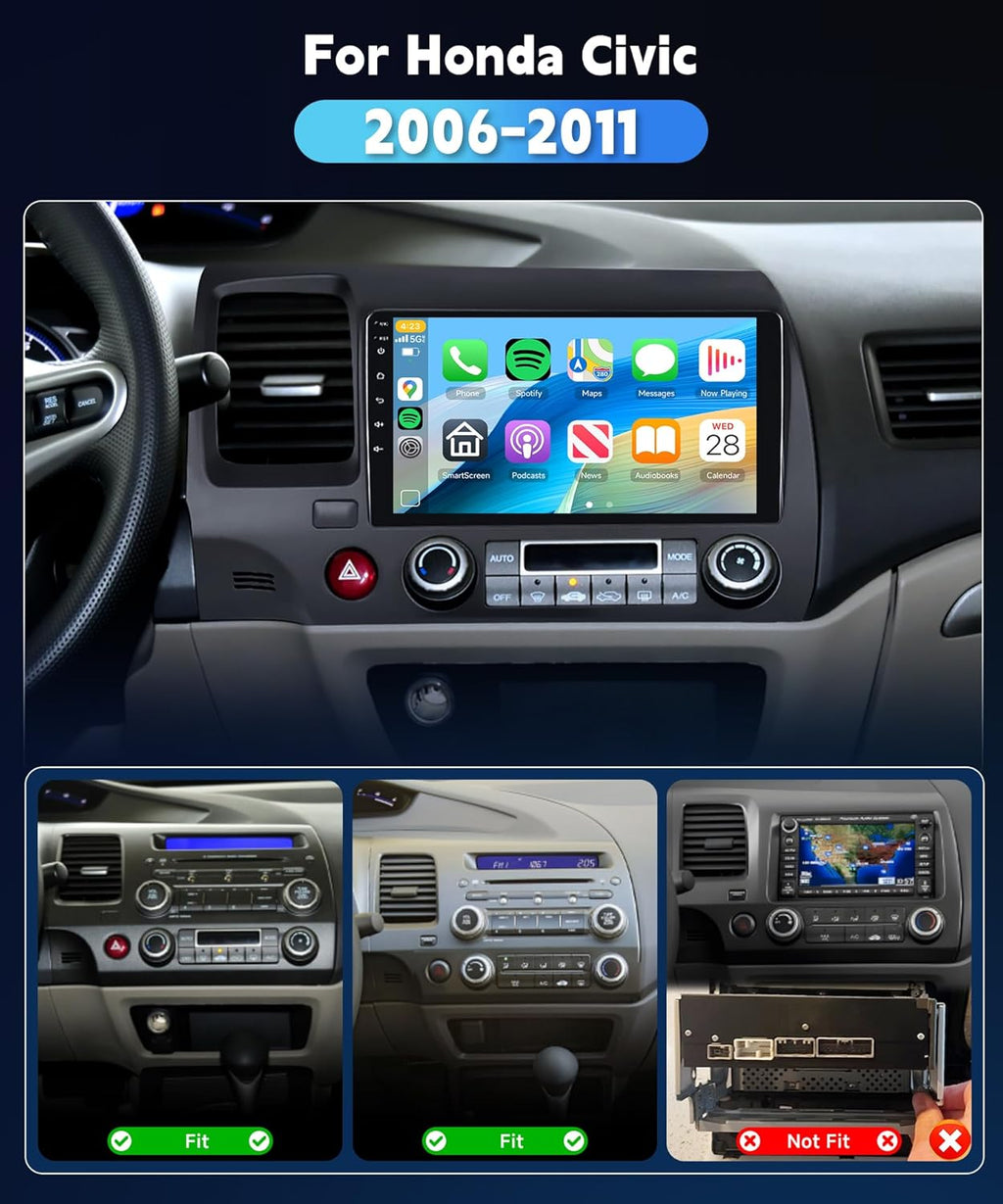 8Core4+64G Car Stereo for Honda Civic 2006-2011 Wireless CarPlay/Android Auto Android Radio with Qualcomm 9" IPS Touch Screen,BT5.1,DSP Hi-Res,GPS,SWC,Backup Camera for Honda Civic Radio
