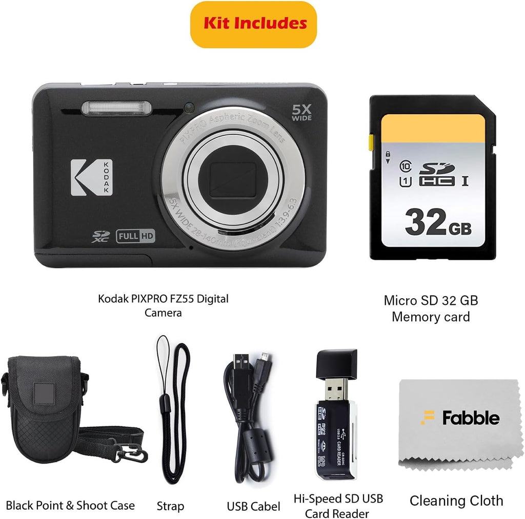 KODAK PIXPRO FZ55 16MP Digital Point & Shoot Camera, 5X Optical Zoom, 28mm Wide Angle, 1080P Full HD Video, Bundle with 32GB SD Card, Protective Case, and Hi-Speed Card Reader (Black)