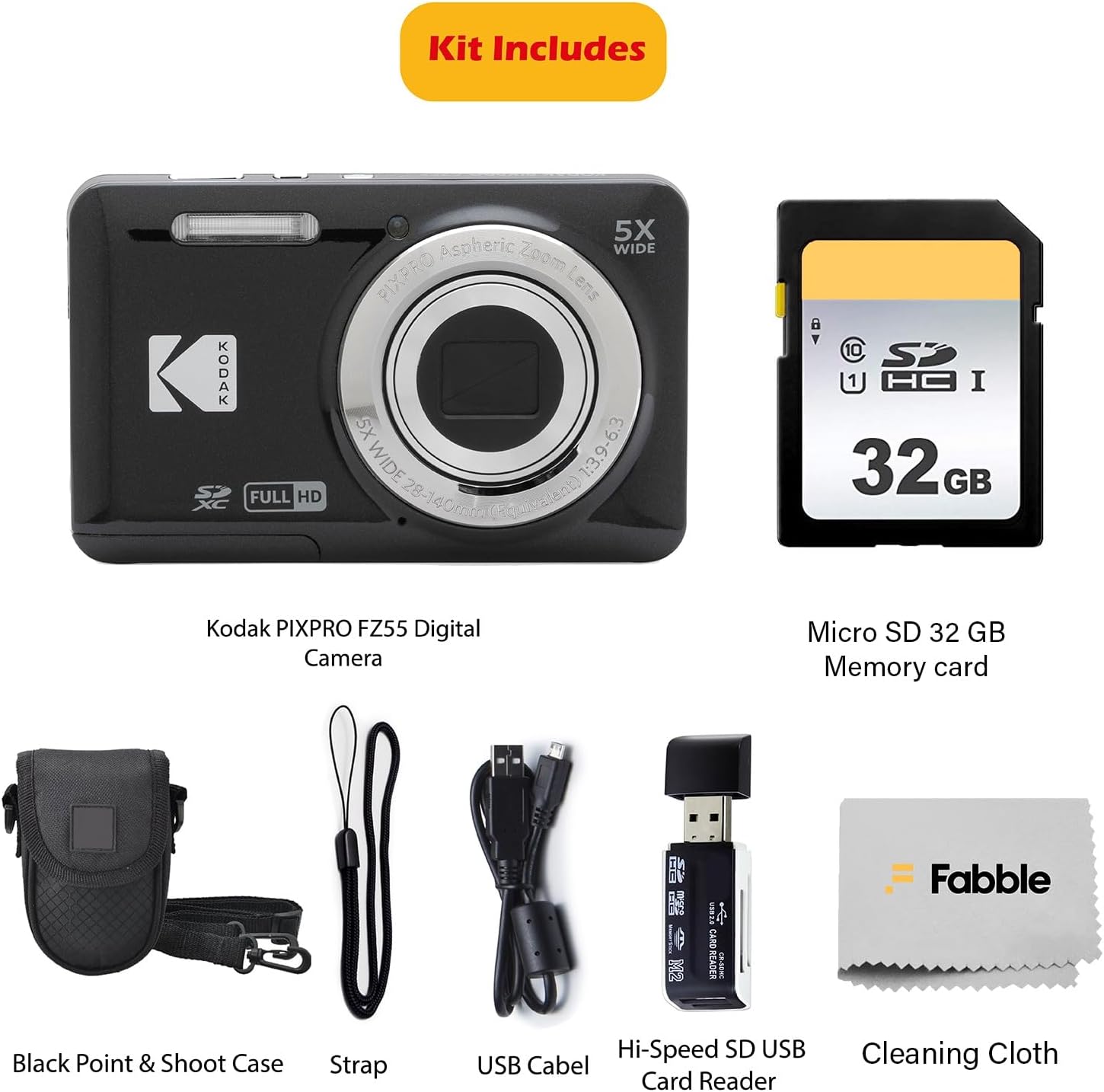 KODAK PIXPRO FZ55 16MP Digital Point & Shoot Camera, 5X Optical Zoom, 28mm Wide Angle, 1080P Full HD Video, Bundle with 32GB SD Card, Protective Case, and Hi-Speed Card Reader (Black)