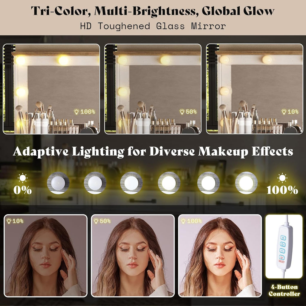 AMERLIFE 55" W Makeup Vanity with Hollywood Mirror, Glass Top Vanity with 5 Drawers & Charging Station, 10 Detachable Light Bulbs, Adjustable Brightness, Antique White