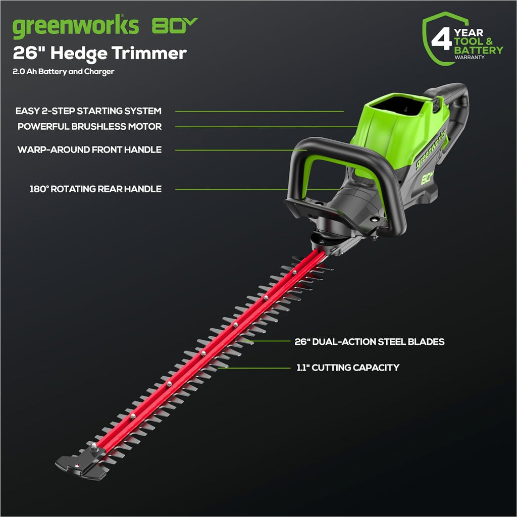 Greenworks 80V 26" Brushless Hedge Trimmer with 2.0Ah Battery and 2A Charger