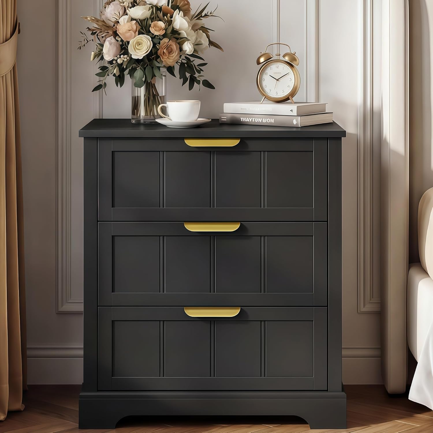 ChooChoo 27" Black Nightstand Set of 2, 3 Drawer Night Stand with Charging Station, Larger Bedside Table with USB-C Port, Modern End Table with Storage for Bedroom