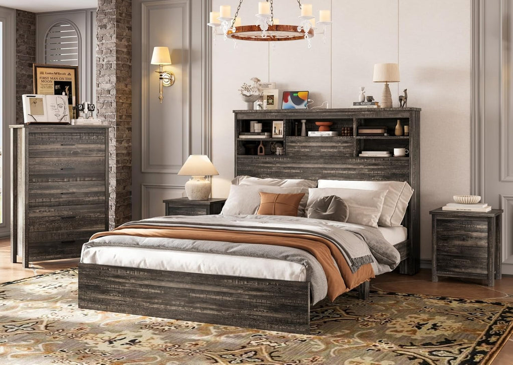 Merax 4-Pcs Queen Size Bed Frame Dresser Night Stand Bedroom Set, Platform with USB Charging Ports Storage Headboard & 1 x 5 Drawers Cabinet & 2 x Nightstands, Wooden, Antique Grey