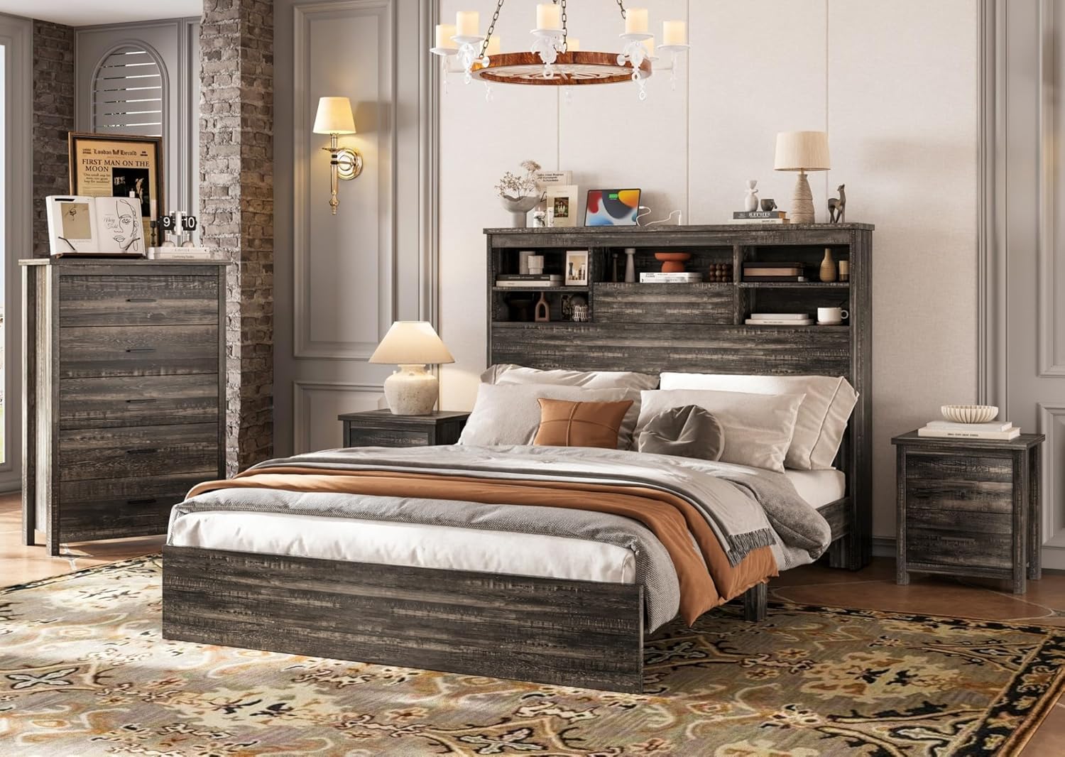 Merax 4-Pcs Queen Size Bed Frame Dresser Night Stand Bedroom Set, Platform with USB Charging Ports Storage Headboard & 1 x 5 Drawers Cabinet & 2 x Nightstands, Wooden, Antique Grey