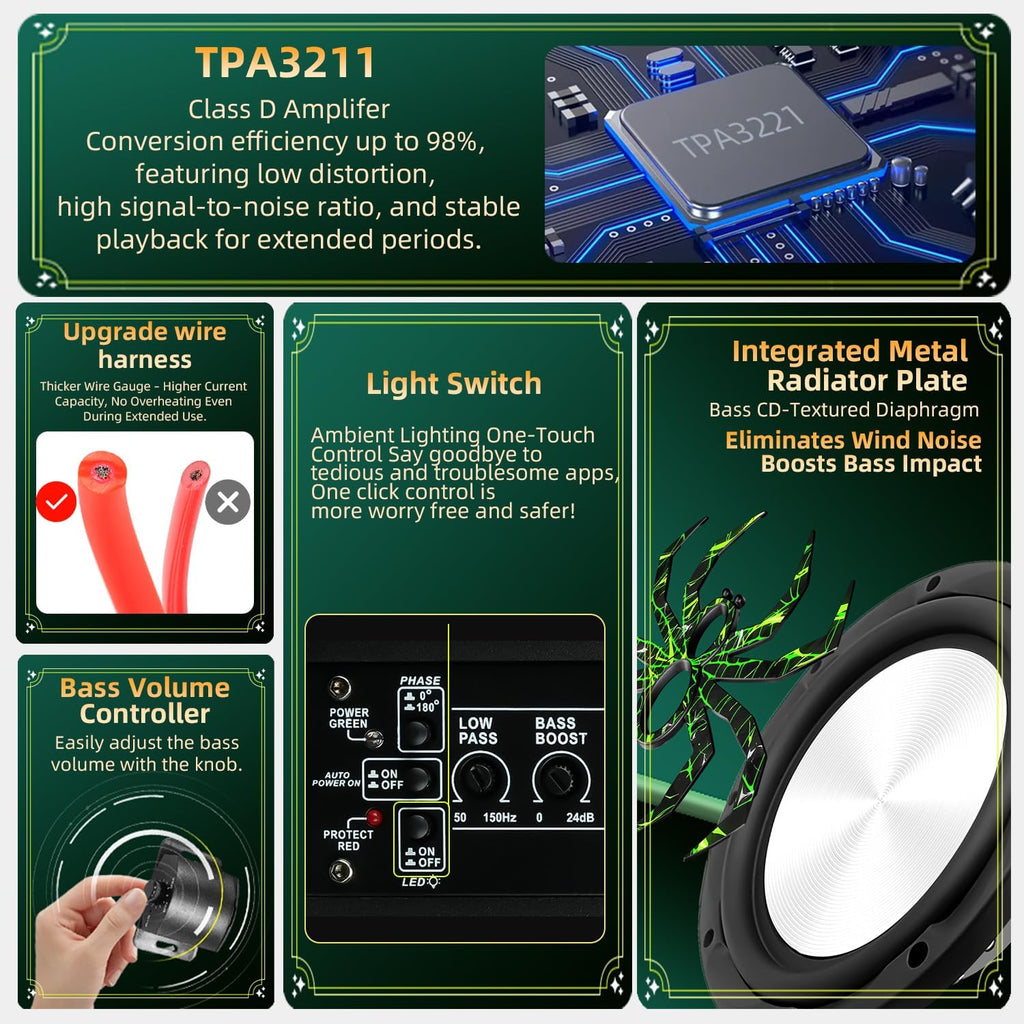 2026 Upgraded 1600W 10" Slim Under Seat Subwoofer with Built-in Amplifier - Powered Car Low Profile Bass Sub - Individual Controls (LPF/Gain/Bass Boost) LED Ambient Lights