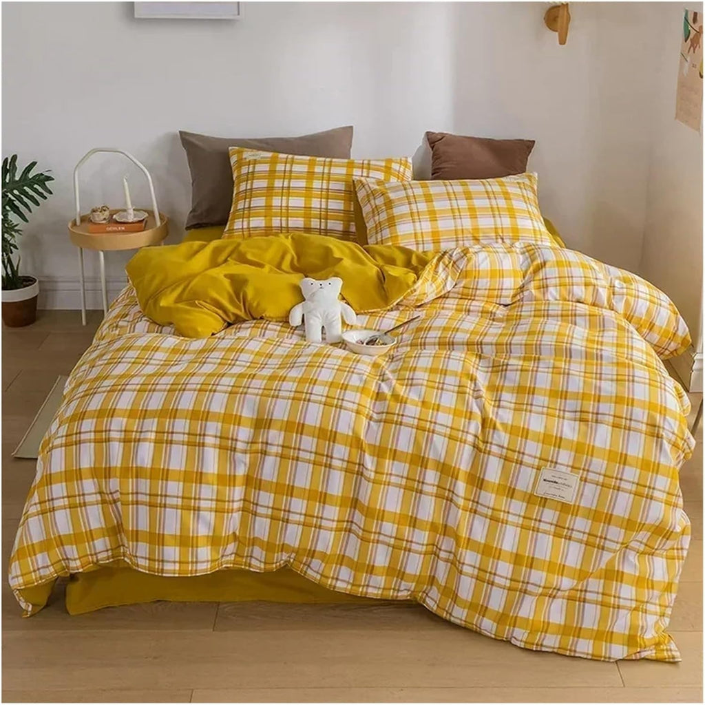 Bedding Set Grid Dyed Cotton Washed Cotton Four-Piece Set Pure Cotton Brushed Simple Soft Bed Sheet Quilt Cover Linens,Bed Sheets